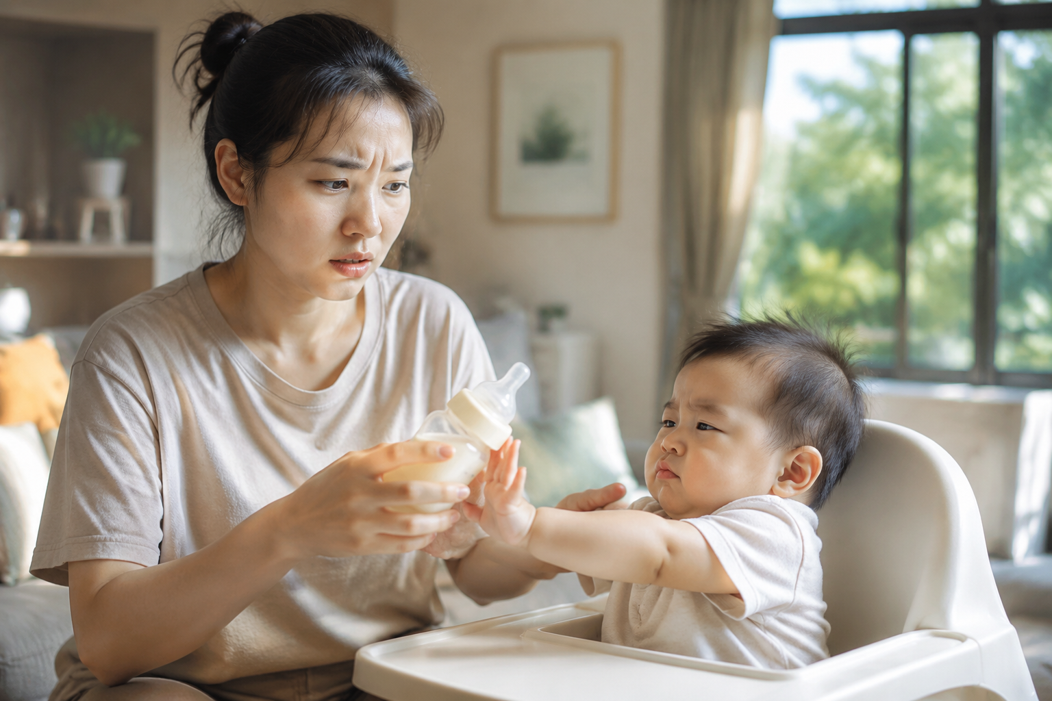 A photorealistic image of an anxious young Chinese mother holding a baby bottle, while her cute 6-month-old Chinese baby is pushing the bottle away with tiny hands. Summer bright natural light coming from the window, cozy living room background, soft pastel colors, high resolution, 8k, highly detailed, cinematic lighting.