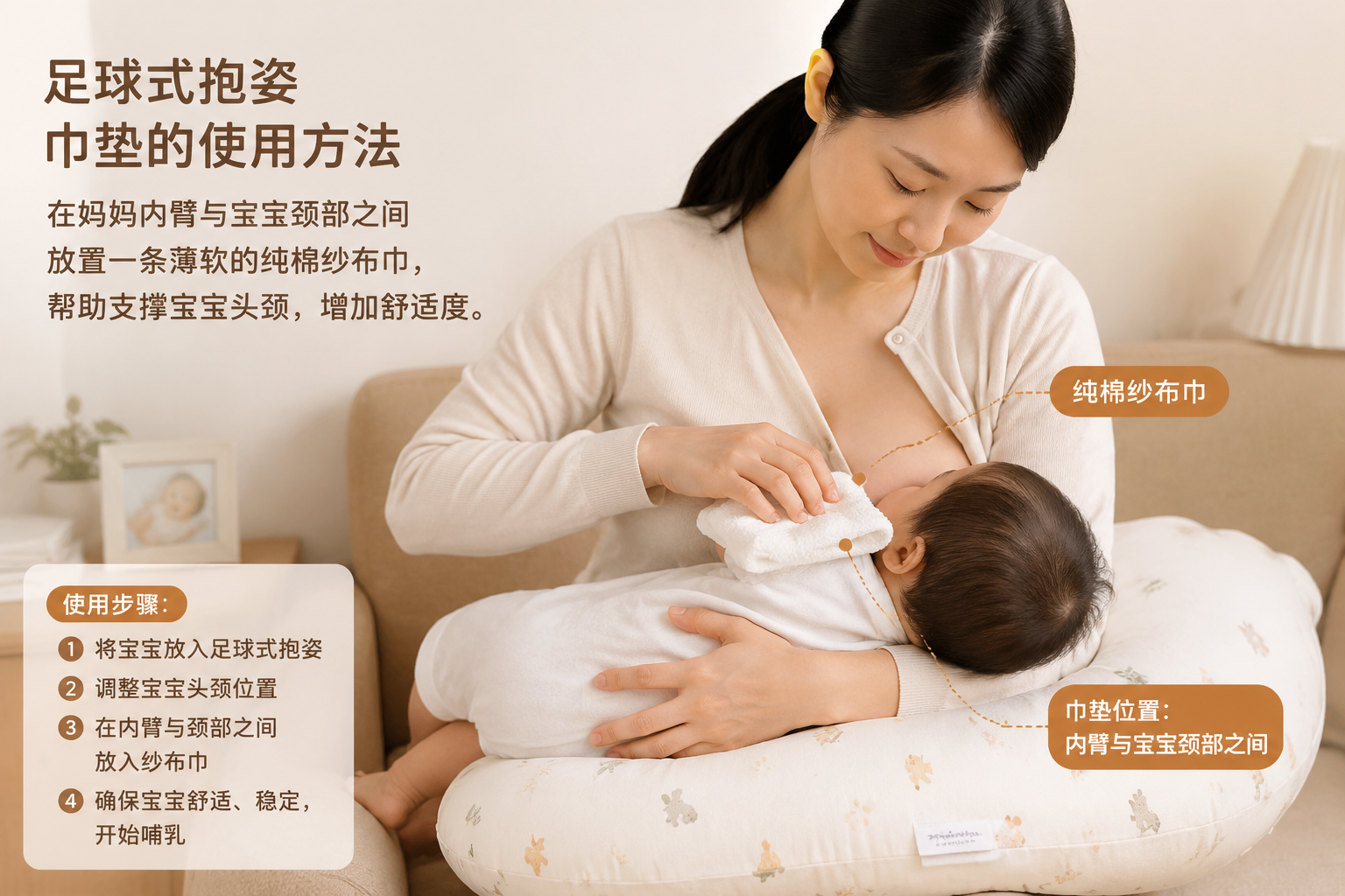 A detailed, instructional style photorealistic image of a Chinese mother demonstrating the 'football hold' breastfeeding position. The baby is resting on a nursing pillow. The mother is carefully placing a thin, soft white pure cotton gauze towel between her inner arm and the baby's neck. Clear focus on the action, bright studio lighting, educational, warm tones, high resolution, DALL-E style.