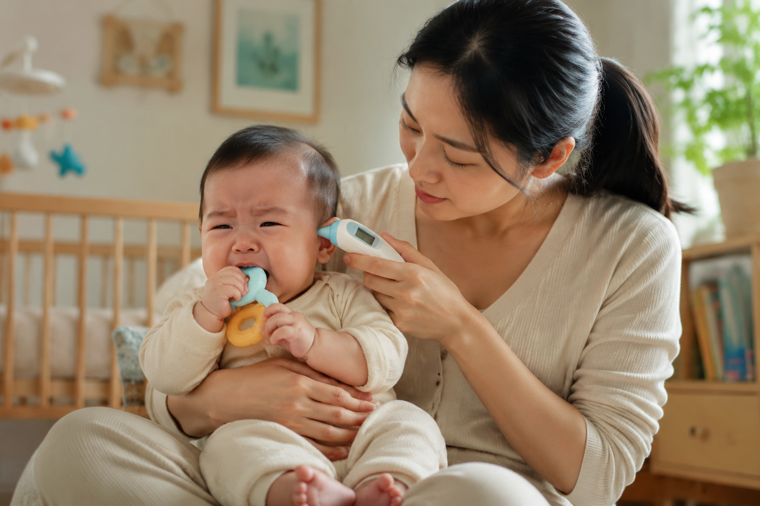A hyper-realistic medium shot photography of a 5-month-old Chinese baby looking irritable and crying, biting a soft teething toy. A young, caring Chinese mother is gently checking the baby's forehead temperature with a digital ear thermometer. Soft natural indoor lighting, warm and cozy baby room background, cinematic lighting, 8k resolution, shot on 35mm lens. --ar 3:4