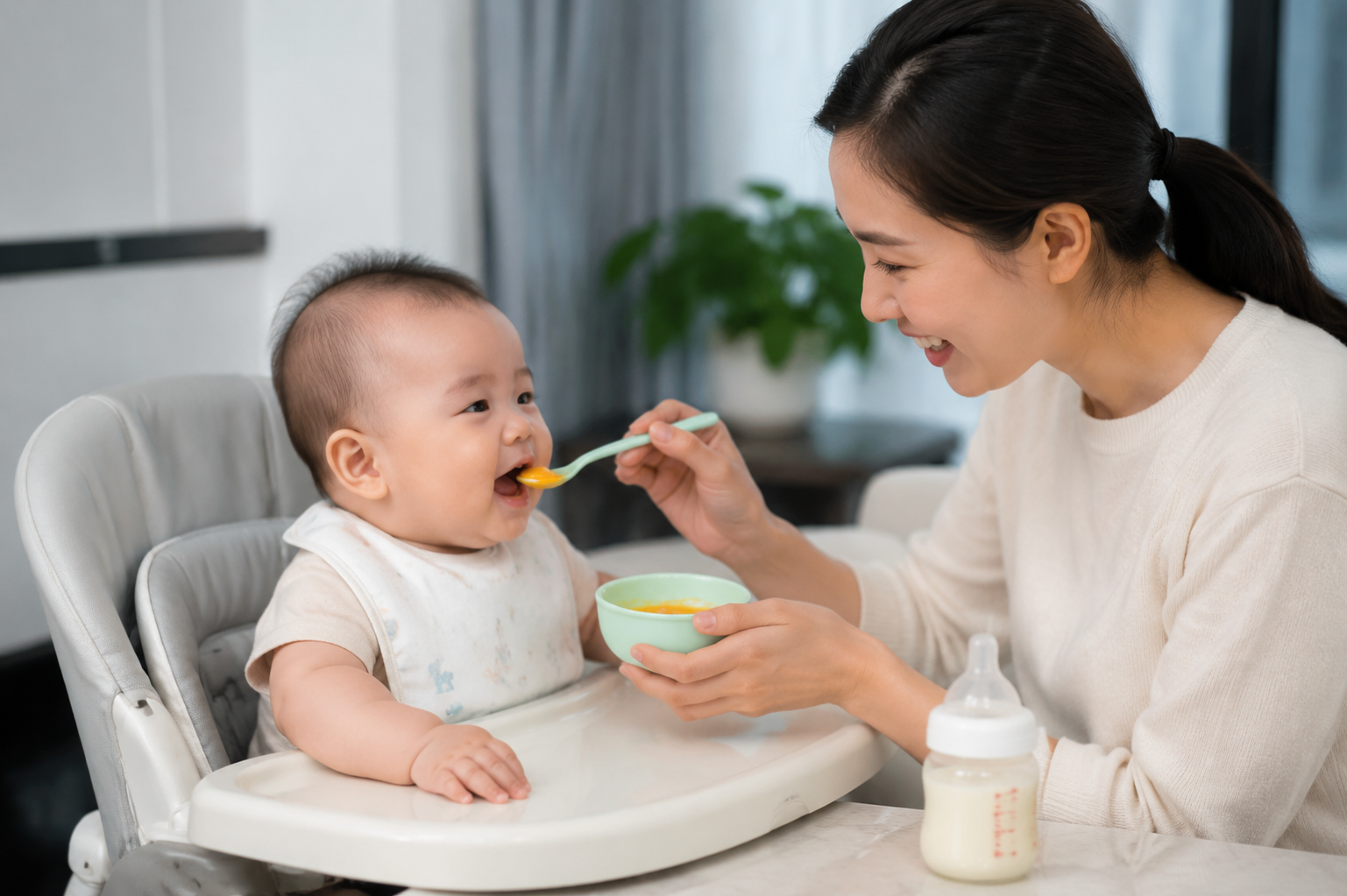 A cute 6-month-old Chinese baby sitting in a baby high chair, happily eating baby puree from a small spoon fed by a smiling Chinese mother. A baby milk bottle is placed on the table nearby. Bright and cool summer indoor lighting, comfortable air-conditioned room atmosphere, warm and loving vibe, photorealistic, 8k resolution, ultra-detailed.