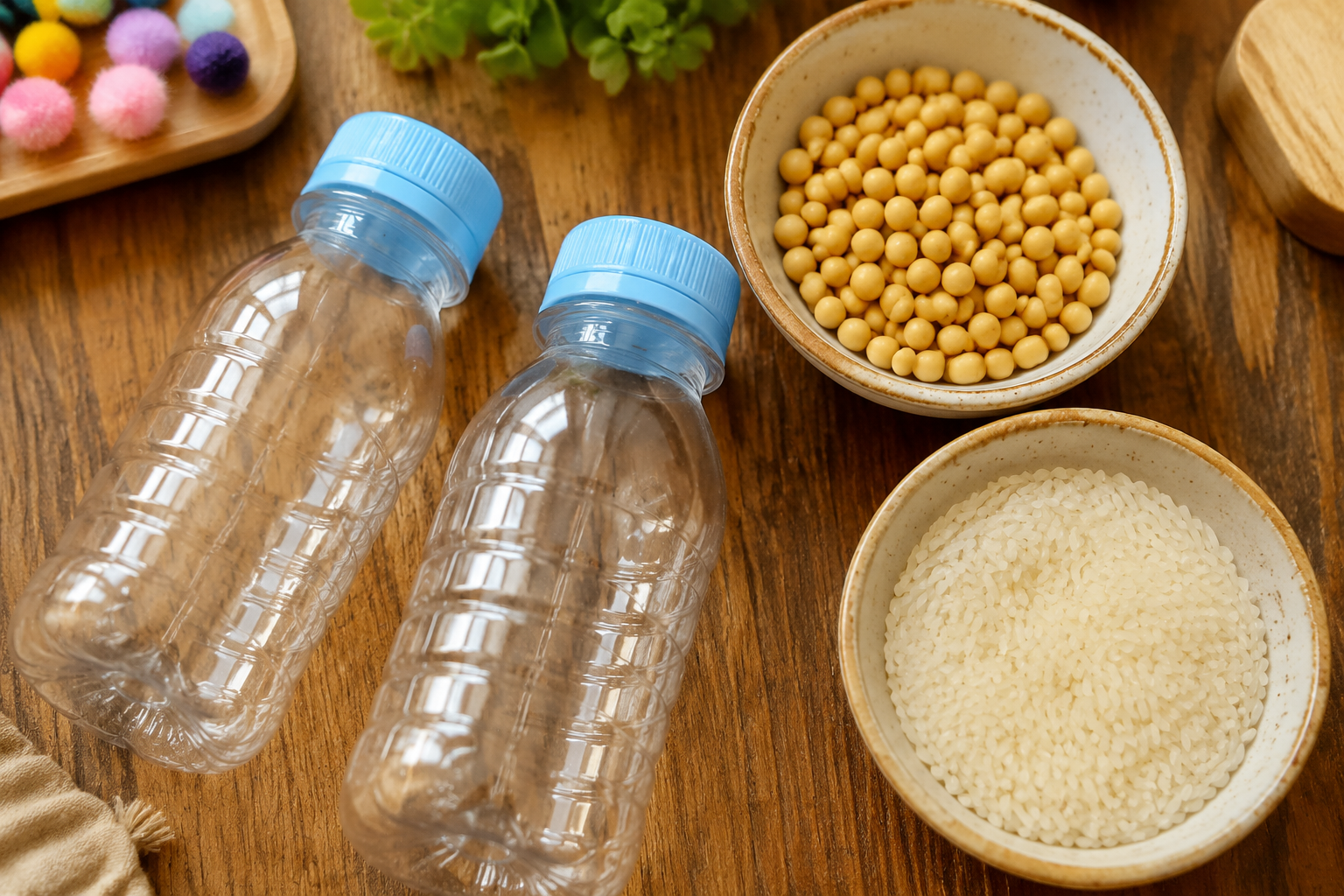 Close up top-down view of early education ** materials on a wooden table. Two clear small plastic water bottles, one small ceramic bowl containing yellow soybeans, another bowl containing white rice. Cozy warm indoor lighting, aesthetically pleasing, bright colors, shallow depth of field, macro photography, high commercial quality --ar 3:4