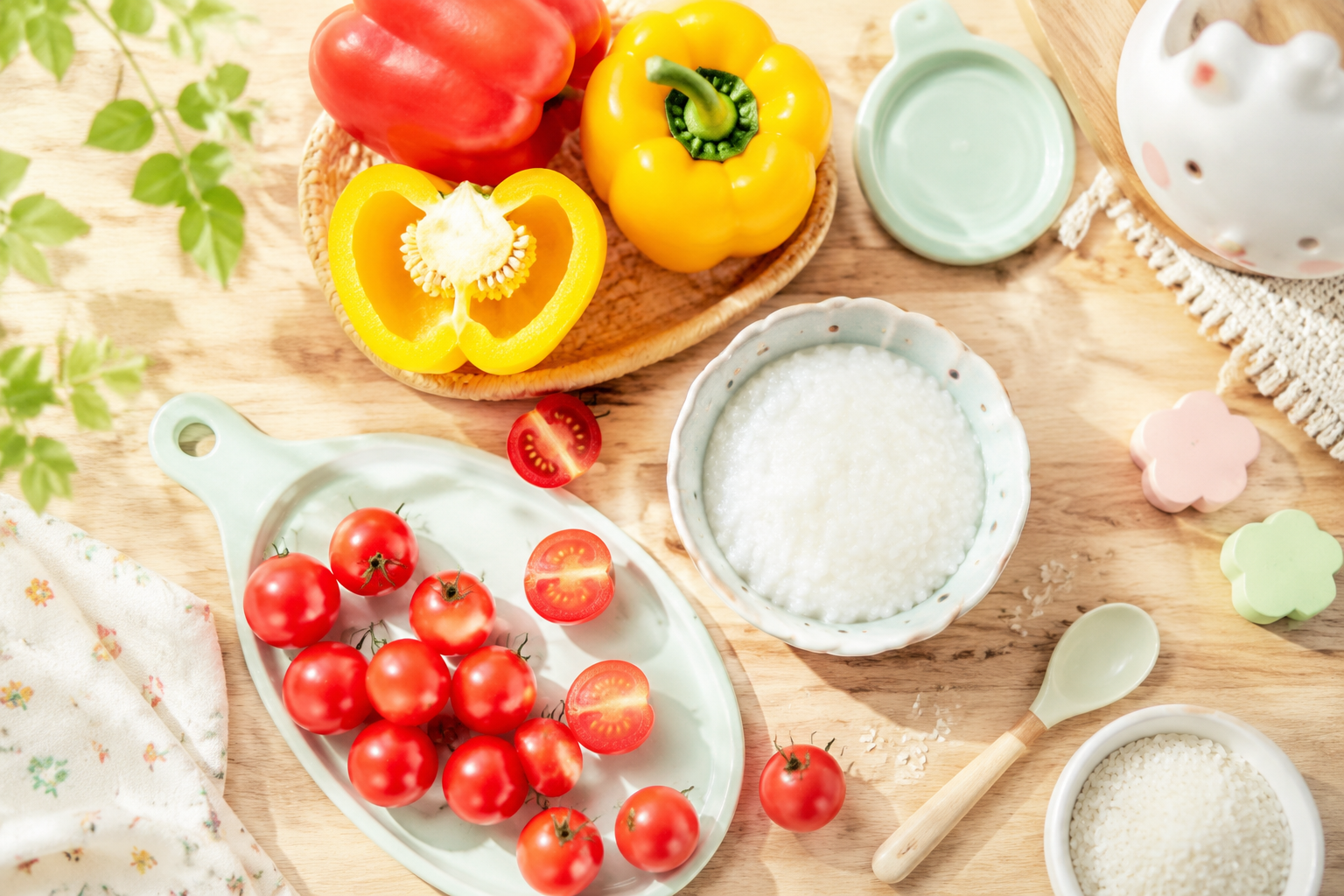 A beautiful top-down flatlay of fresh summer complementary food ingredients for a Chinese baby, including bright red cherry tomatoes, fresh sweet bell peppers, and a small ceramic bowl of fine white rice cereal, placed on a light natural wooden table, soft bright natural sunlight, refreshing summer vibe, highly detailed food photography, bright and clean aesthetic, pastel color palette, 8k --ar 3:4