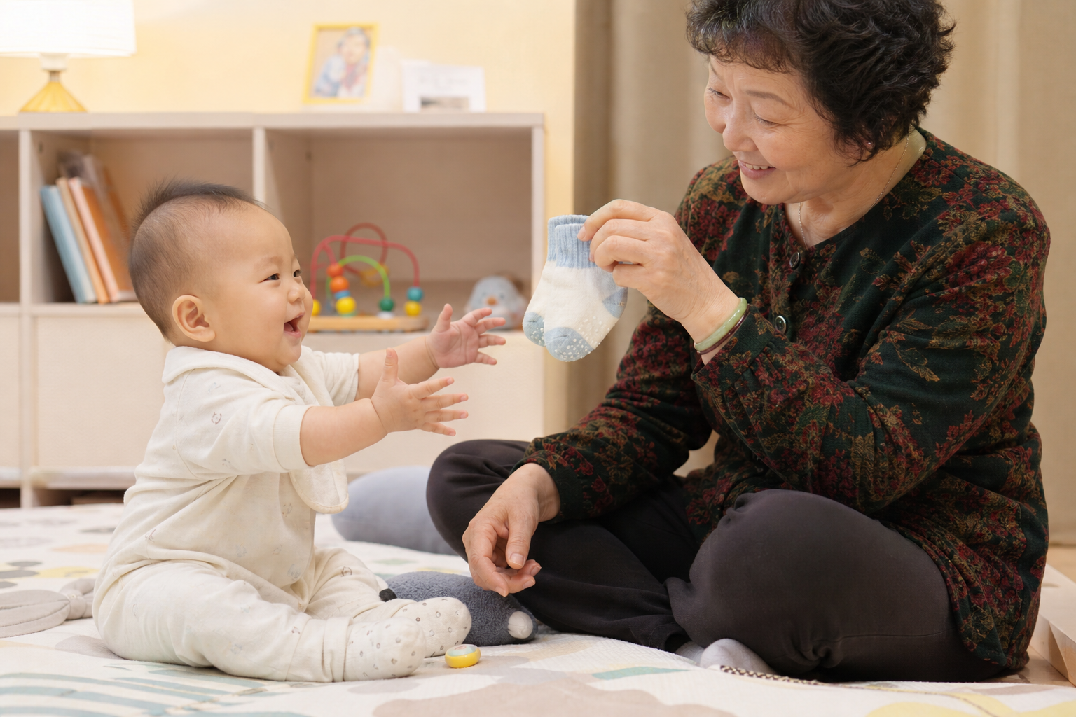 A cute Chinese baby (8 months old) sitting on a cozy play mat, reaching out playfully, while a kind-looking Chinese grandmother is holding a pair of tiny socks, warm indoor lighting, realistic photography style, high resolution, soft tones, 8k.
