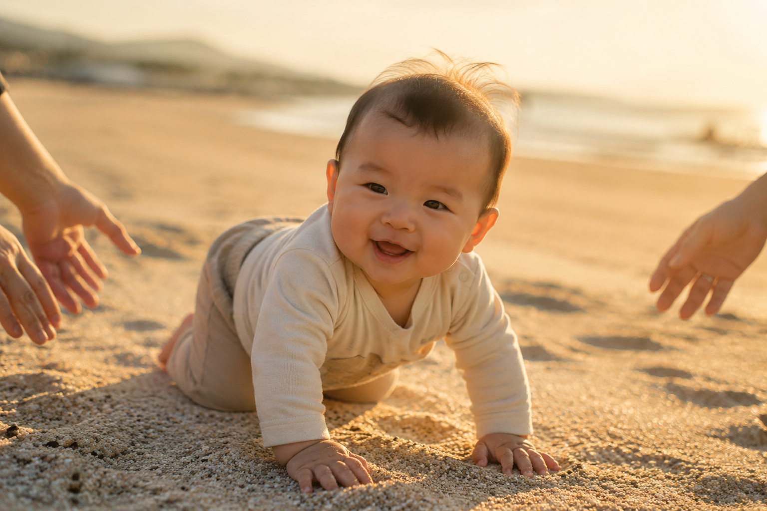 A cheerful 10-month-old Chinese baby crawling on a clean sandy beach, gentle sunset golden hour lighting casting soft shadows, parents' hands slightly visible protecting nearby, wearing light long pants, cinematic lighting, ultra-realistic texture of sand, high resolution photography --ar 3:4