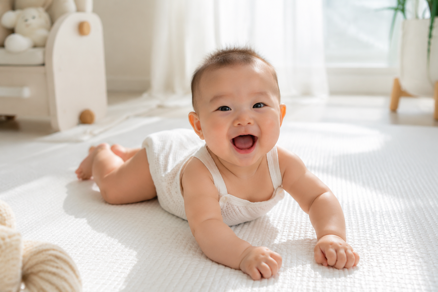 A joyful 8-month-old Chinese baby with flawless, healthy skin, laughing and playing on a soft white cooling play mat. Bright morning sunlight streaming through a window, airy and fresh atmosphere, high fashion baby photography, realistic, 8k, hyper-detailed.