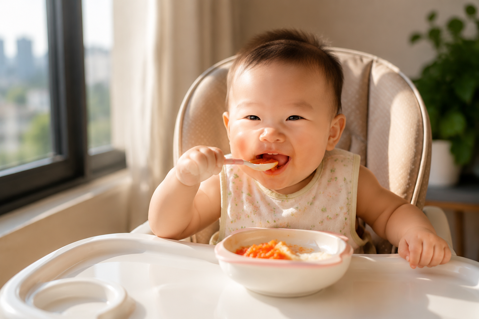 A cute 7-month-old Chinese baby sitting in a baby high chair, happily eating a bowl of colorful complementary food (red tomato and white rice cereal), wearing a light summer bib, bright summer morning sunlight coming through the window, soft and warm lighting, lifestyle photography, highly detailed, photorealistic, 8k resolution, shot on 35mm lens --ar 3:4