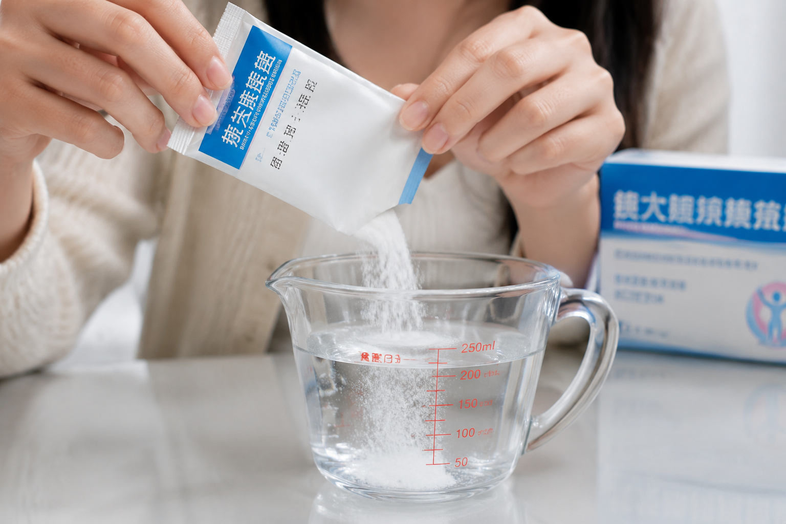 A close-up shot of a young Chinese mother's hands pouring an entire packet of white medical powder into a glass measuring cup filled with exactly 250ml of warm water. A medical box is softly blurred in the background. Bright, clean, medical-grade lighting, hyper-realistic, highly detailed, 8k, cinematic composition.