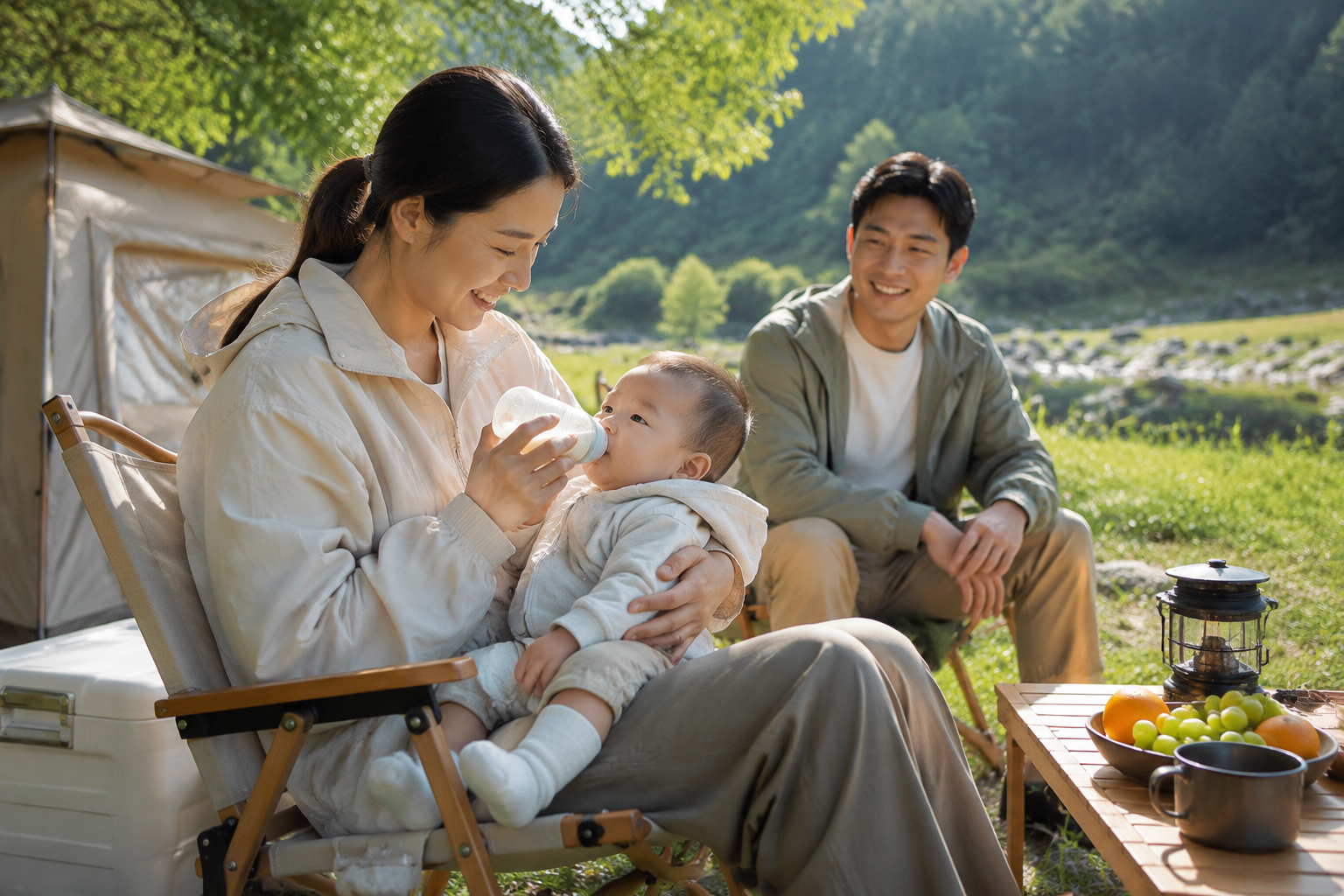 A photorealistic image of a happy Chinese family camping in a sunny green meadow in early May. A young Chinese mother is sitting on a stylish camping chair, smiling and feeding a 8-month-old Chinese baby from a clean baby bottle. Sunlight filtering through the leaves, soft natural lighting, warm and cozy atmosphere, high resolution, 8k, cinematic composition, shot on 35mm lens.