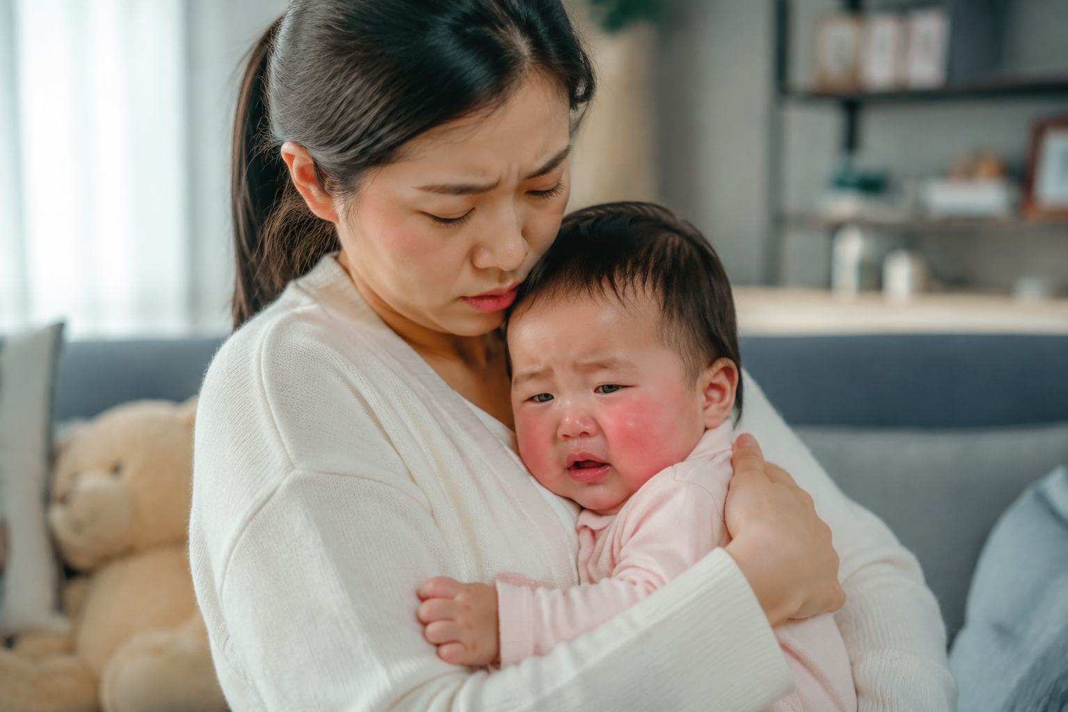 A high-quality, photorealistic image of a young Chinese mother looking anxious while holding her 8-month-old baby in a cozy living room. The baby looks unwell, with a flushed face indicating a fever, and is drooling slightly. Soft natural lighting, emotional resonance, cinematic composition, shot on 85mm lens, 8k resolution.