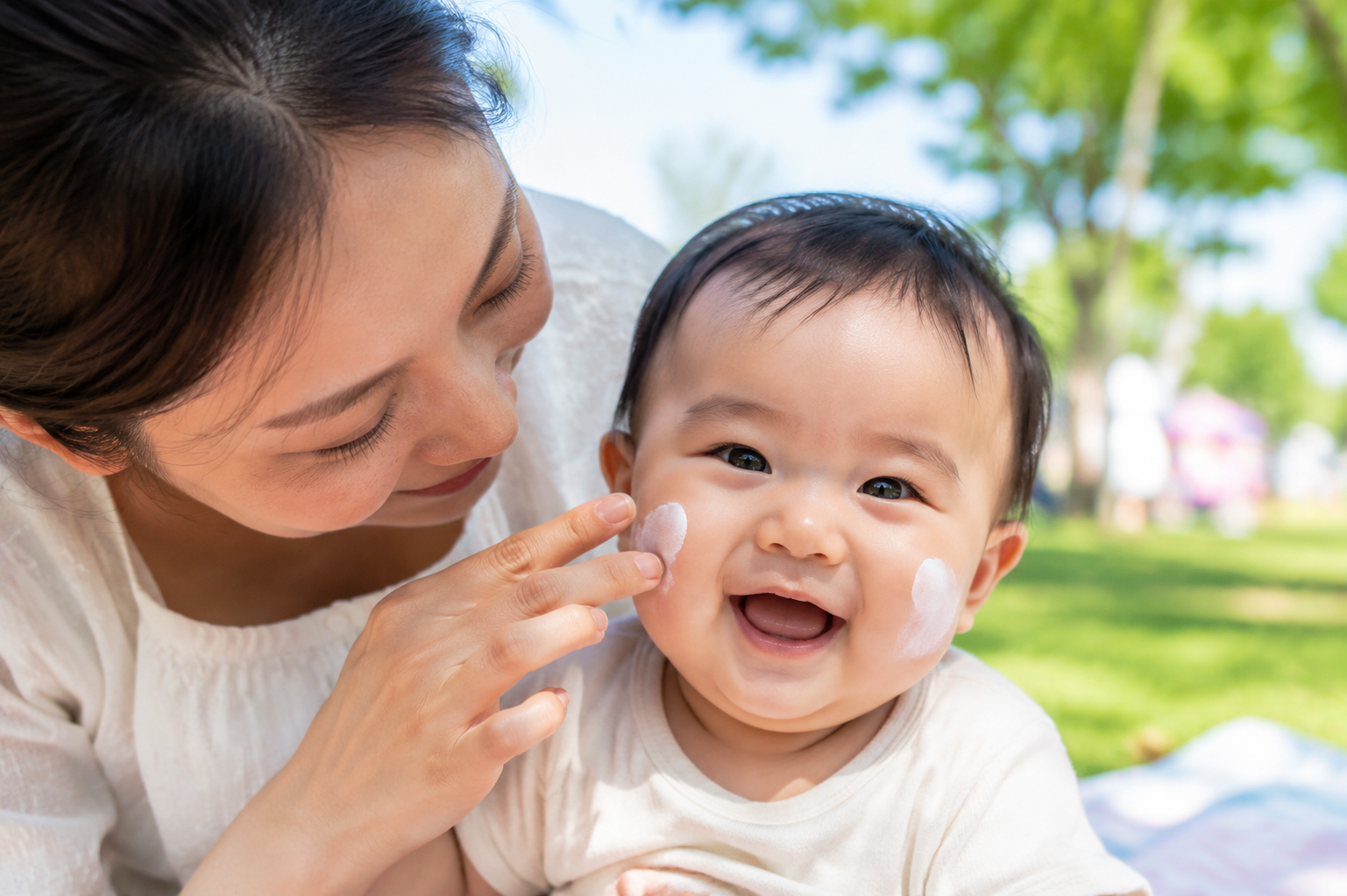 A gentle Chinese mother applying physical sunscreen on the cheek of a happy 8-month-old Chinese baby, outdoor park setting, bright summer daylight, warm and loving atmosphere, soft skin texture, highly detailed, photorealistic, 8k --ar 3:4