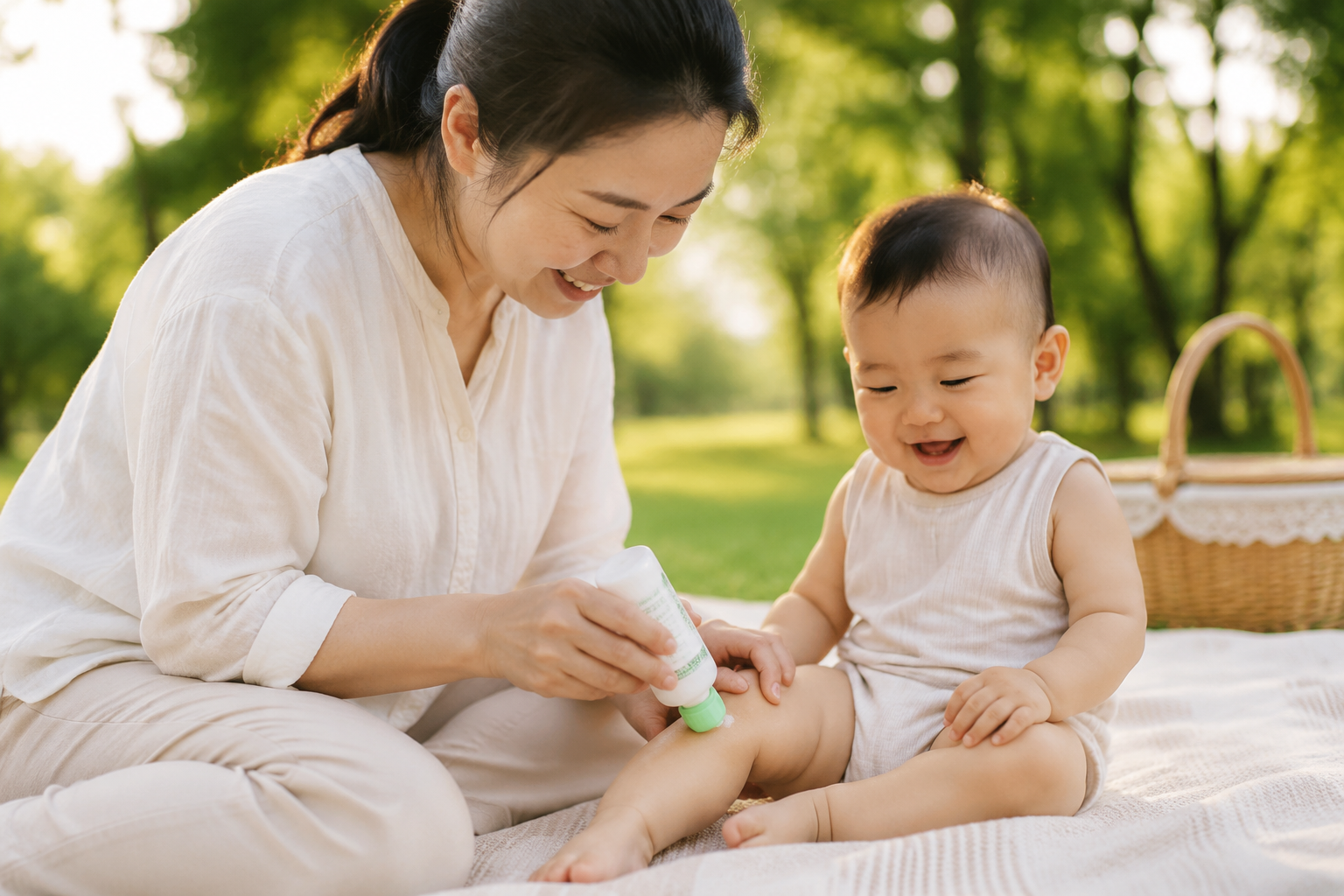 A gentle Chinese mother applying mosquito repellent lotion to a smiling 10-month-old Chinese baby's leg. Outdoor park setting, warm summer afternoon sunlight, lush green background, warm and loving atmosphere, soft lighting, detailed facial expressions, highly detailed, photorealistic, 8k, shot on 50mm lens --ar 3:4 --style raw --v 6.0