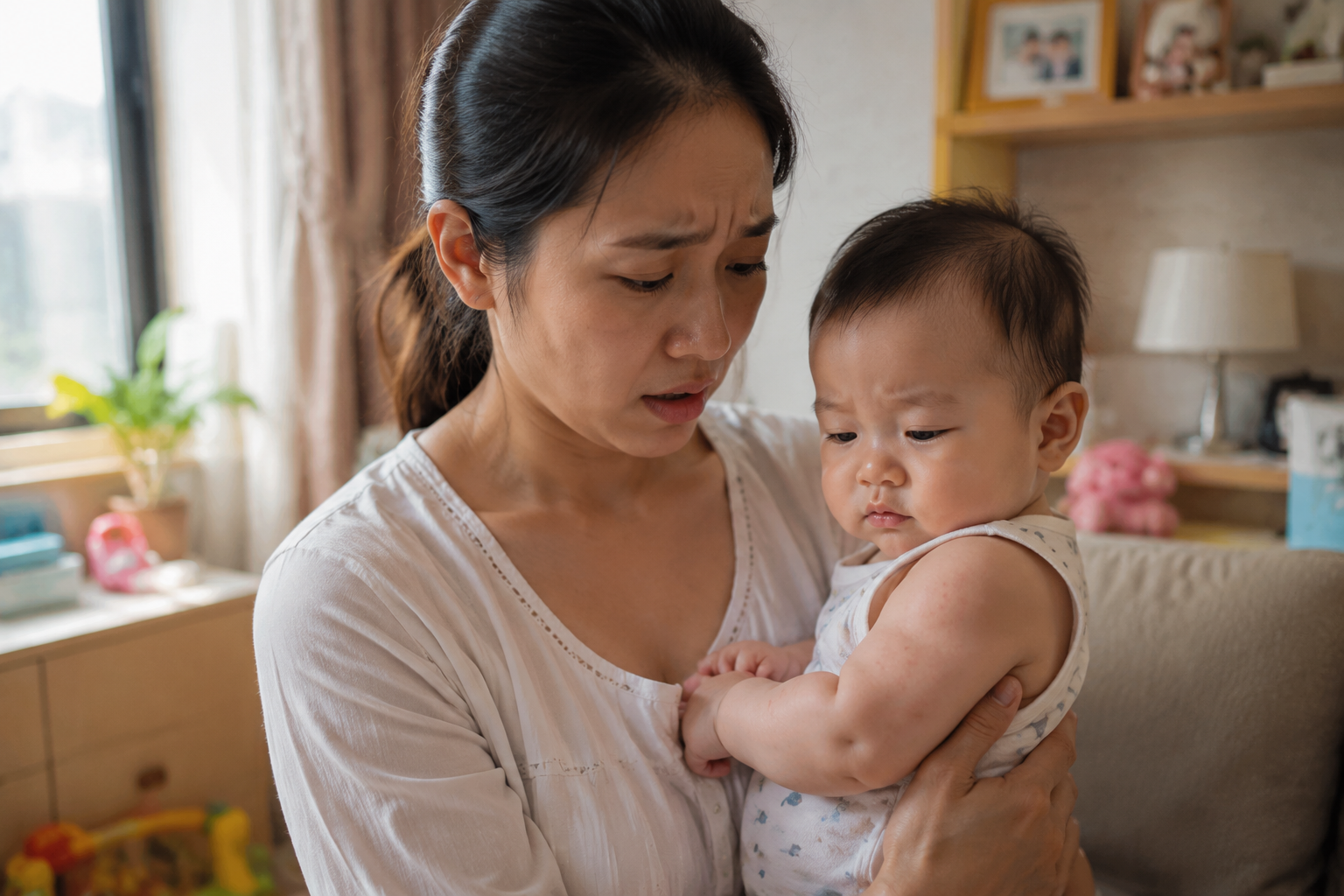 A photorealistic medium shot of a young Chinese mother looking distressed and worried while holding her 8-month-old cute baby. The baby has a few visible red mosquito bite bumps on their chubby arm. Soft indoor natural lighting, cozy domestic environment, high quality, highly detailed, 8k resolution, cinematic lighting, shot on 35mm lens.