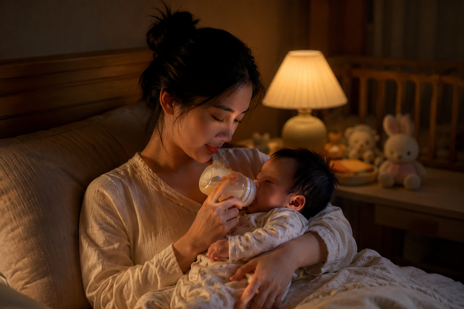 A gentle Chinese mother holding her sleepy baby in a dimly lit, quiet bedroom, feeding milk peacefully, warm soft indoor lighting, cozy atmosphere, maternal love, highly detailed, photorealistic, cinematic lighting, 8k --ar 3:4
