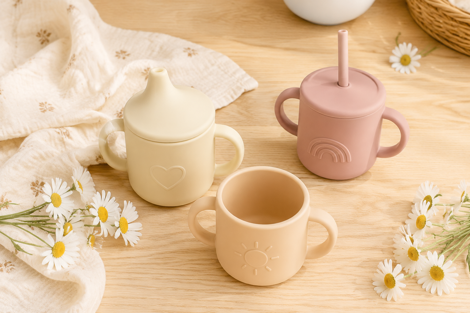 A beautifully arranged flatlay of three baby drinking cups: a pastel silicone spout cup, a straw cup, and a small open training cup, placed on a light wooden table, decorated with a few fresh daisy flowers and soft cotton cloth, soft natural lighting, studio photography, clean background, warm and inviting, Xiaohongshu product shot style --ar 3:4 --v 6.0