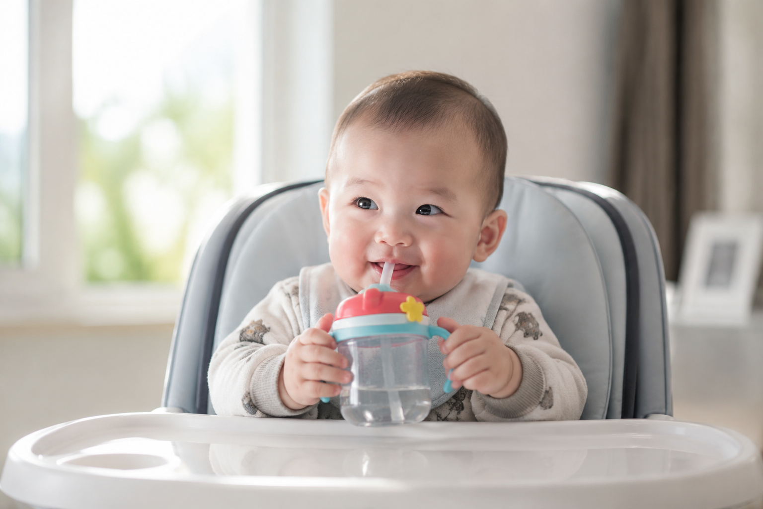 A cute 8-month-old Chinese baby sitting in a modern baby high chair, happily holding a colorful straw sippy cup with both hands, attempting to drink water. The baby has chubby cheeks and a curious, joyful expression. Bright natural sunlight streaming through a window, clean background, heartwarming and developmental milestone concept, ultra-realistic, 8k, photorealistic. --ar 3:4
