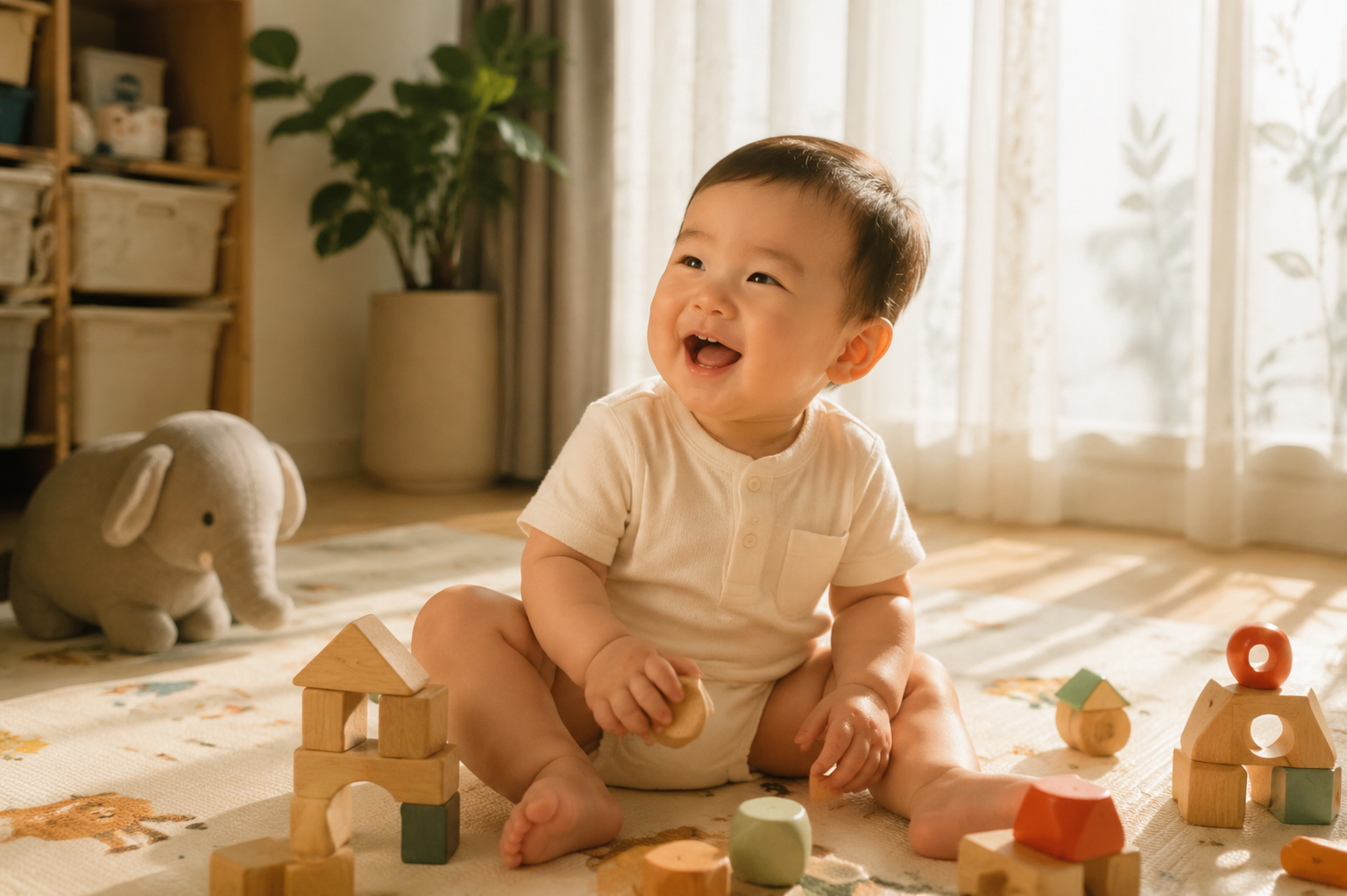 A cheerful Chinese baby playing with wooden toys on a cozy play mat indoors, sunlight streaming through a window with sheer curtains, safe and comfortable environment, avoiding outdoor heat, cinematic lighting, ultra-detailed, photography --ar 3:4