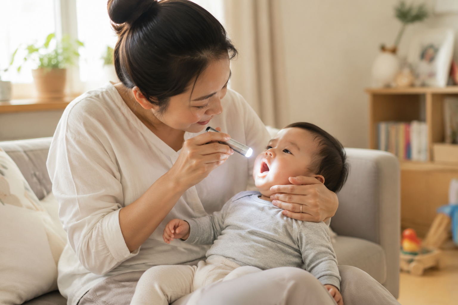 A gentle young Chinese mother using a small flashlight to carefully and tenderly look into her 1-year-old baby's mouth. The baby is sitting comfortably in her lap. Warm and caring home atmosphere, soft natural daylight from the window, high quality, realistic photography, soft focus --ar 3:4
