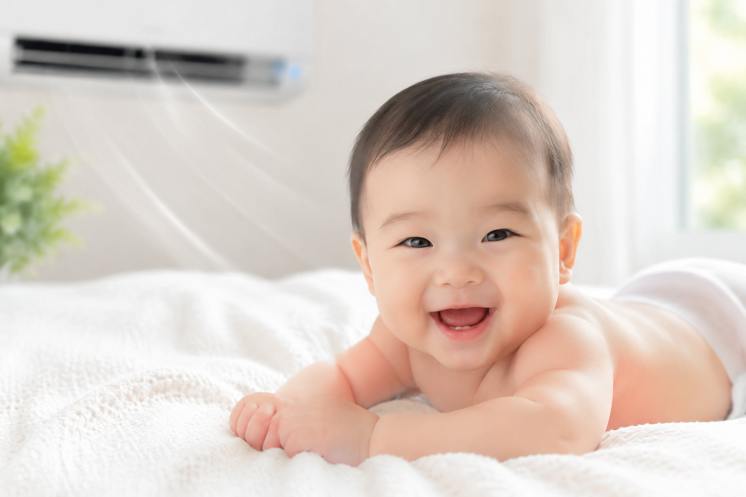 A bright and cheerful ultra-realistic photo of a cute, smiling Chinese baby lying on a breathable, soft white cotton towel. The environment is cool, airy, and well-lit with soft natural sunlight streaming through a window. A gently blowing air conditioner louver is slightly out of focus in the background. The baby looks fresh, dry, and comfortable. High commercial photography quality, soft pastel tones, 8k resolution. --ar 3:4