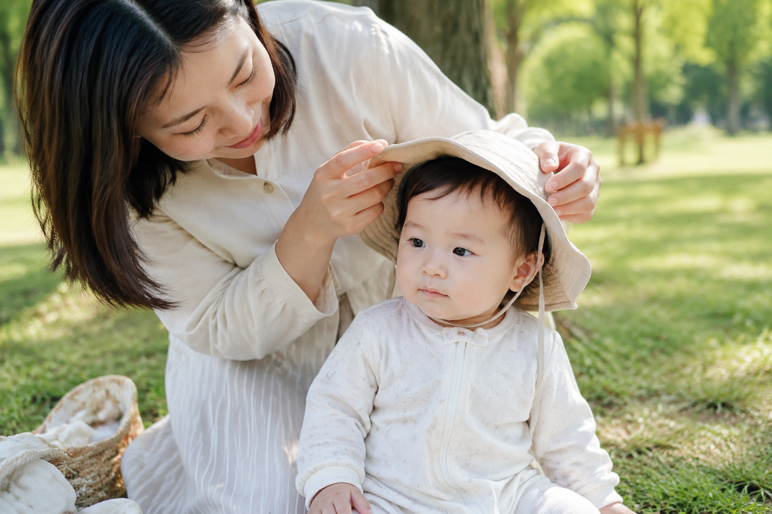 A realistic lifestyle photo of a young Chinese mother gently putting a wide-brimmed sun hat on her 10-month-old baby outdoors in a sunny park. The baby is wearing a thin, light-colored long-sleeved outfit for sun and mosquito protection. Soft sunlight, warm and loving atmosphere, shallow depth of field, highly detailed, natural soft colors, high resolution, editorial photography style.