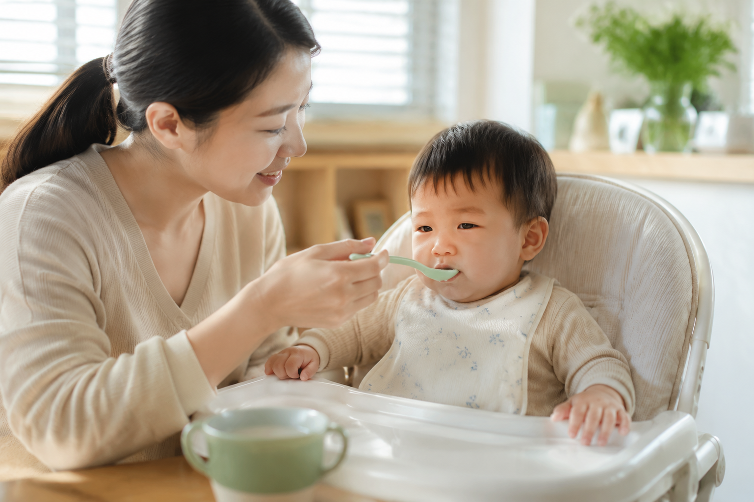 A warm and professional photorealistic image of a gentle Chinese mother carefully feeding cool water to her baby using a soft silicone spoon. The baby is sitting in a high chair, looking slightly tired but comforted. Bright and clean home environment, soft sunlight filtering through the window, highly detailed, 8k, Midjourney v6 style.