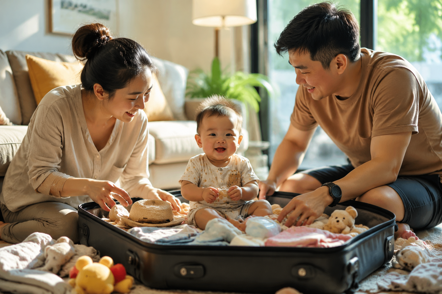 A cute 8-month-old Chinese baby sitting happily in an open travel suitcase filled with baby clothes and toys, young Chinese mother and father packing next to the baby, sunny living room, warm and joyful atmosphere, cinematic lighting, ultra-detailed, 8k resolution, photography by Canon EOS R5 --ar 3:4