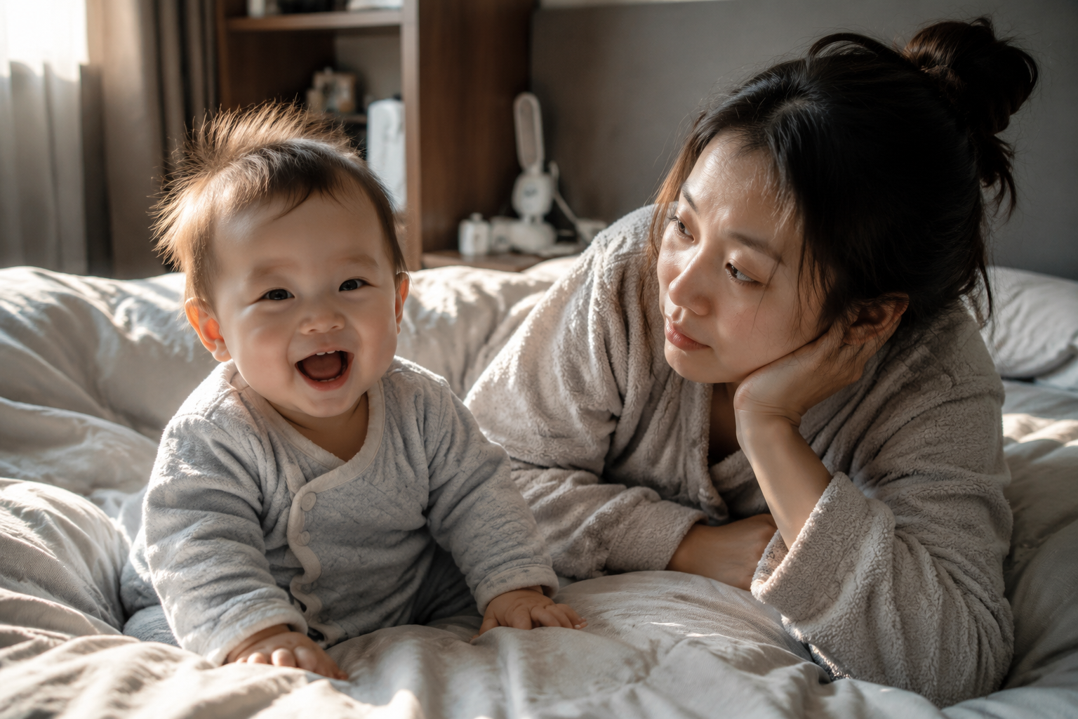 A hyper-realistic portrait of an exhausted young Chinese mother wearing cozy pajamas, showing slight dark circles under her eyes, looking lovingly but tiredly at a highly energetic, smiling Chinese baby sitting on the bed. Early morning soft sunlight filtering into the bedroom. Cinematic lighting, 8k resolution, photorealistic, highly detailed, cozy domestic scene.