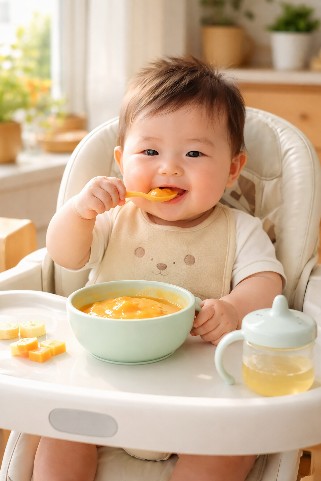 A cute chubby 8-month-old Chinese baby sitting in a baby high chair, happily eating fresh baby puree from a clean pastel silicone bowl, bright modern dining room, warm summer sunlight filtering through the window, highly detailed, vivid colors, heartwarming and safe atmosphere, hyper-realistic, photography --ar 3:4