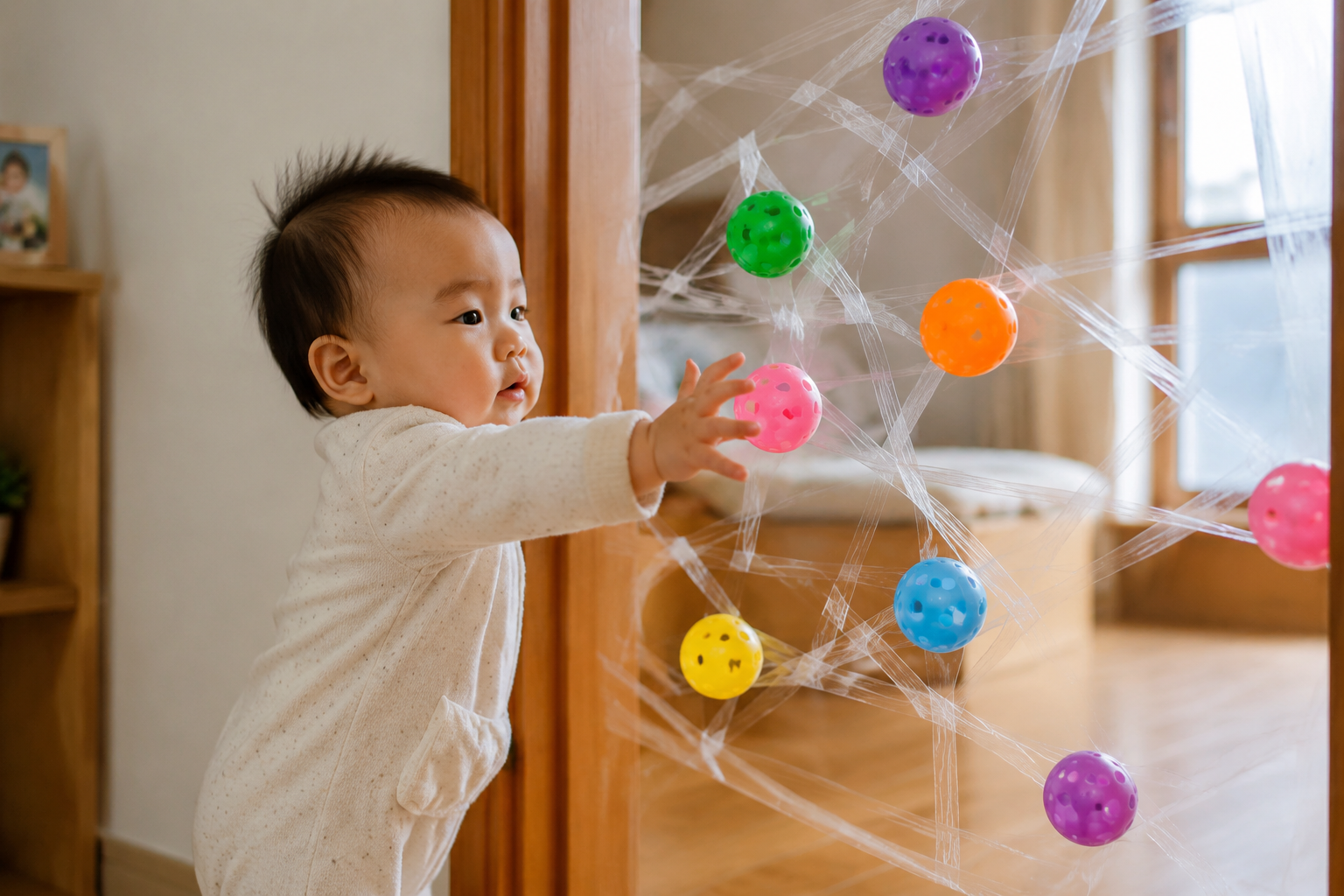 A 10-month-old Chinese baby standing by a wooden door frame, reaching out to grab colorful light plastic balls stuck on transparent tape that looks like a spider web. The baby has a focused and curious expression. Cozy indoor home setting, soft natural daylight, high quality, photorealistic, cinematic lighting.