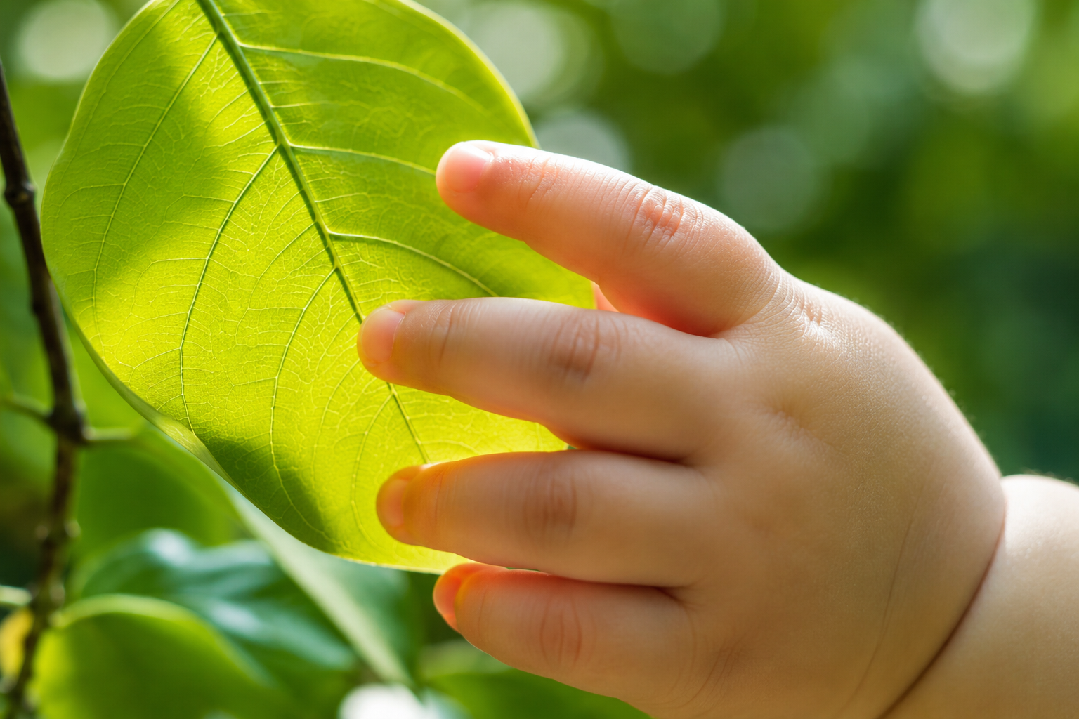 Extreme close up of a cute 10-month-old Chinese baby's chubby hand gently touching a fresh green leaf in the summer. Sunlight illuminating the leaf veins, blurred green nature background, macro photography, soft and tender mood, 8k resolution, highly realistic. --ar 16:9