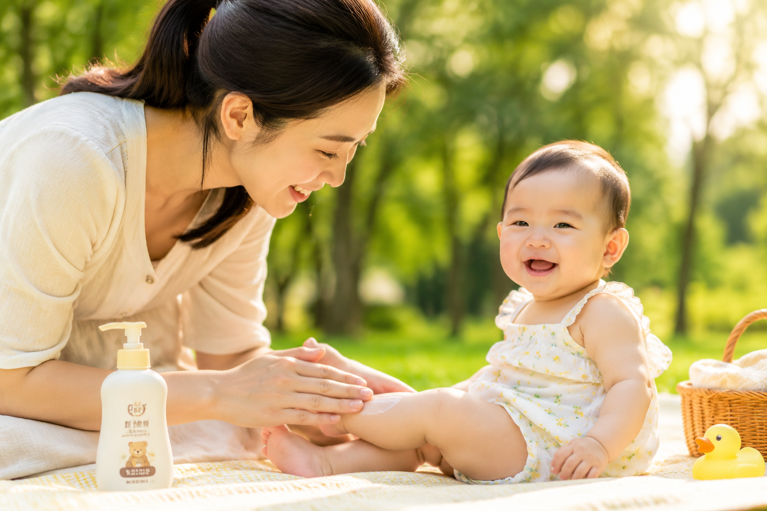 A smiling Chinese mother delicately applying a safe lotion to her joyful 8-month-old baby's legs. They are in a bright, sunlit green park with beautiful bokeh. The baby is wearing a light summer outfit. Bright and warm color palette, commercial photography style, 4k resolution, highly detailed, joyful and safe atmosphere --ar 3:4 --v 6.0