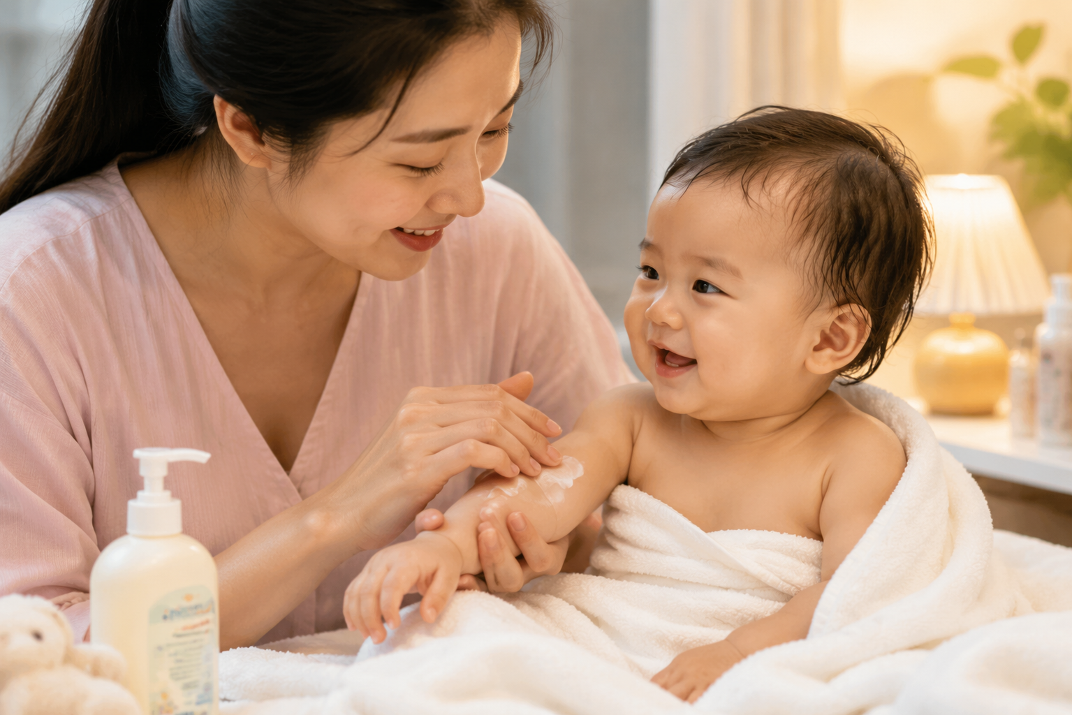 A gentle Chinese mother carefully applying baby lotion to her smiling baby's arm after a bath, the baby is wrapped in a soft white towel, warm indoor lighting, intimate and loving atmosphere, soft pastel colors, highly detailed, realistic skin texture, cinematic lighting, DALL-E style.