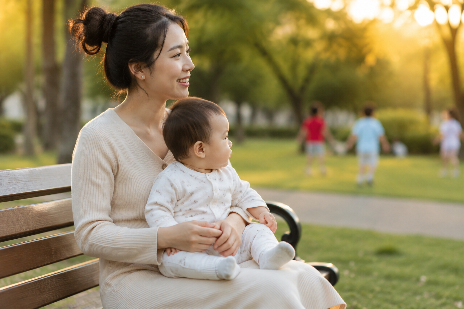 A photorealistic image of a beautiful Chinese mother holding her cute 10-month-old Chinese baby sitting on a park bench in the early summer evening. Golden hour soft lighting. The baby is looking curiously from a distance at other children playing. Warm tones, high quality, 8k resolution, shot on 85mm lens, depth of field.