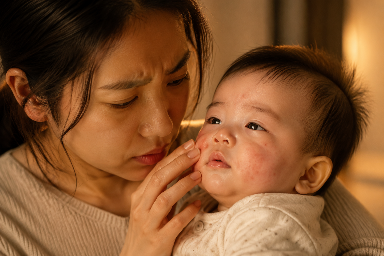 A high-quality, ultra-realistic close-up photo of a young Chinese mother looking worried while gently touching her cute Chinese baby's cheek. The baby has some light red spots on the face. Warm but slightly dramatic indoor lighting, highlighting the mother's anxious expression and the baby's delicate skin. Shot on 85mm lens, soft bokeh in the background, cinematic, 8k resolution. --ar 3:4
