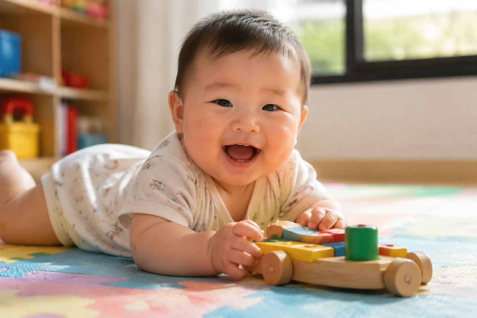 A super healthy, robust and chubby 7-month-old Chinese baby smiling brightly while playing with a wooden toy on a soft play mat, natural sunlight, vibrant colors, expressive eyes, healthy rosy cheeks, ultra-detailed, warm and lovely photography, --ar 3:4