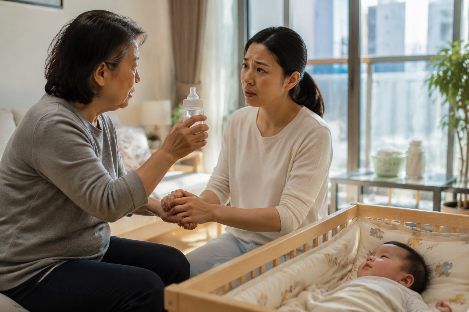 A realistic photograph of a concerned young Chinese mother and an older Chinese grandmother in a modern, sunlit living room. The grandmother is holding a small baby bottle with water, gesturing towards a 4-month-old Chinese baby in a crib. The mother is gently communicating with her, holding her hands. Warm natural lighting, emotional tension, domestic scene, high resolution, 8k, shot on 35mm lens. --ar 3:4