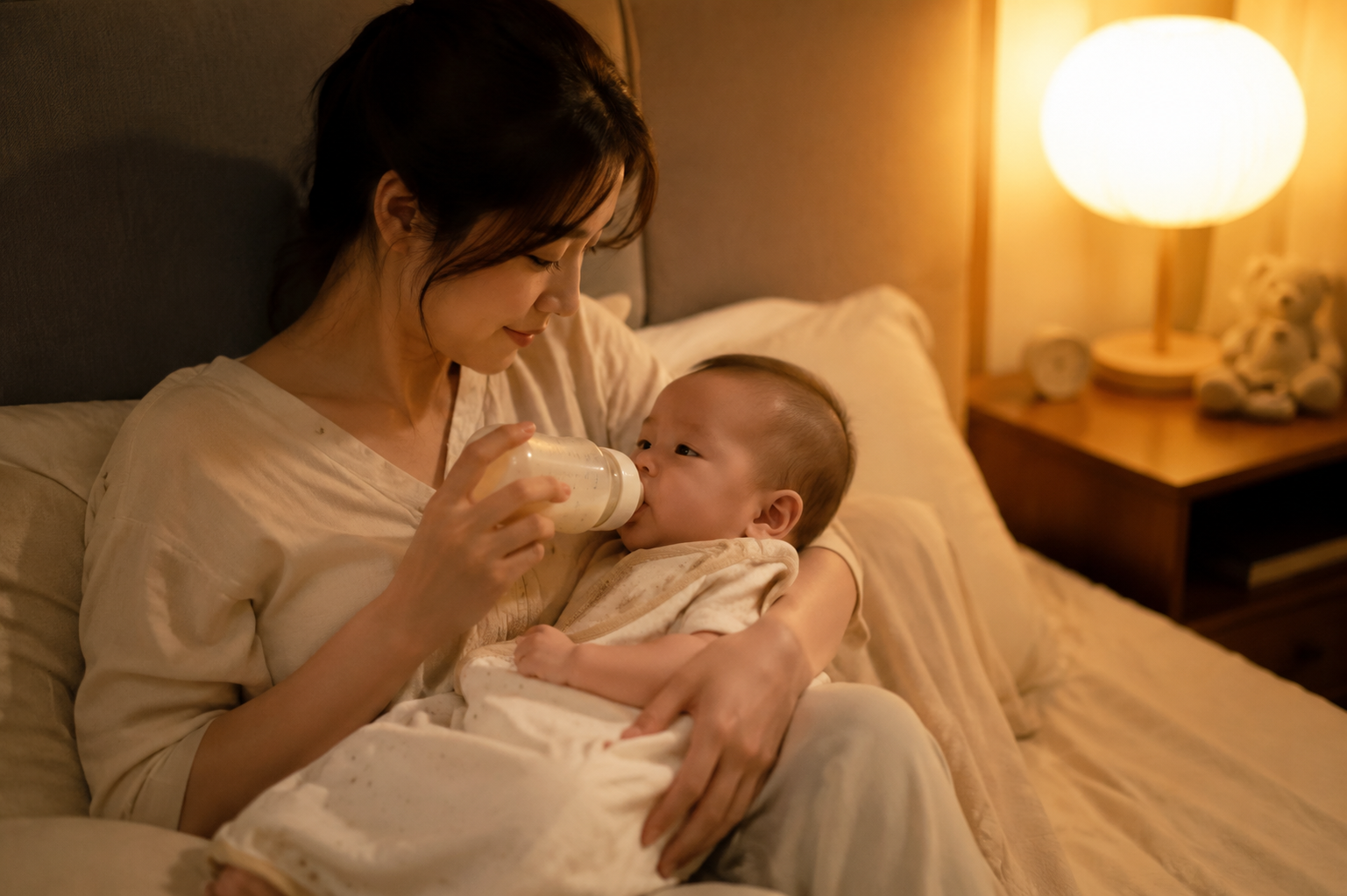 A warm and gentle realistic photo of a young Chinese mother holding and feeding her 6-month-old baby milk in a cozy bedroom at night. The room has soft warm nightlight. The baby is wearing a light breathable summer sleep sack. Warm and comforting atmosphere, maternal love, cinematic lighting, ultra-high resolution, 8k, photorealistic --ar 3:4