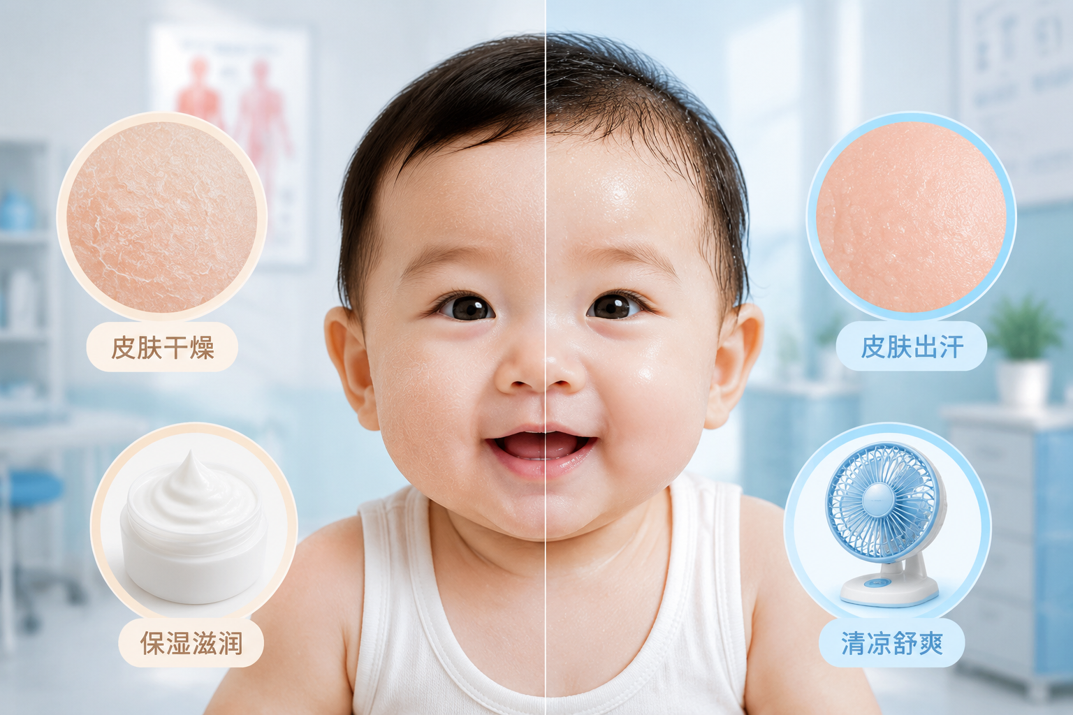 A professional medical illustration style image showing a cute Chinese baby, split screen concept. Left side shows dry skin texture with a moisturizing cream icon, right side shows sweaty skin texture with a cooling fan icon. Soft pastel colors, clean medical clinic background, bright and reassuring lighting, high resolution, 3d render style, octane render.