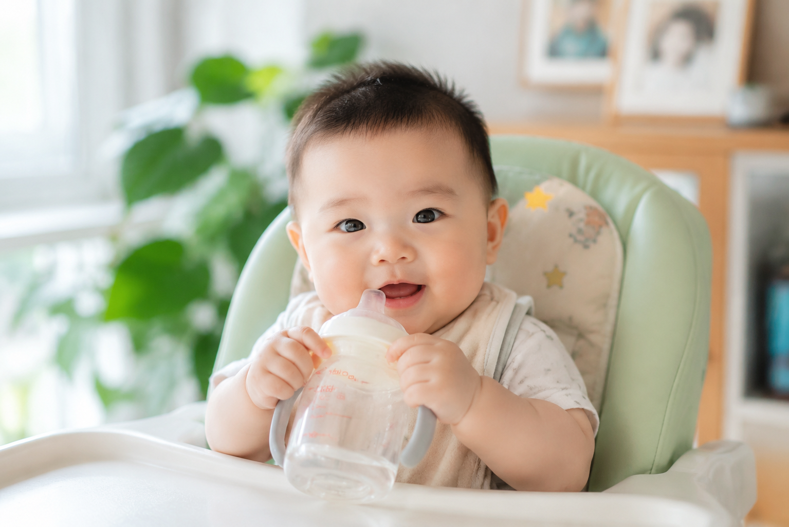 A cute 6-month-old Chinese baby boy sitting in a high chair, holding a transparent baby sippy cup, bright and fresh summer indoor background with soft sunlight, warm family atmosphere, highly detailed, realistic photography, soft natural lighting, pastel tones, 8k resolution --ar 3:4 --v 6.0