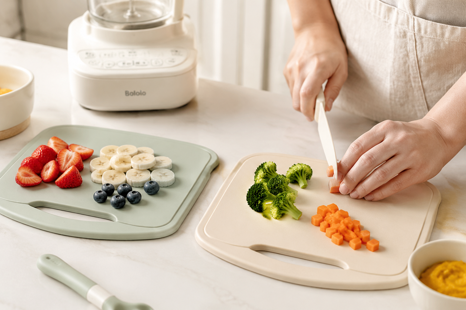 Close-up of a modern, clean kitchen counter. Two different colored baby cutting boards are neatly placed next to each other, one with fresh fruits and the other with cooked baby food. A pair of Chinese hands is gently preparing food. Warm, cozy lighting, bright and airy atmosphere, shallow depth of field, high-end commercial photography style, 8k.