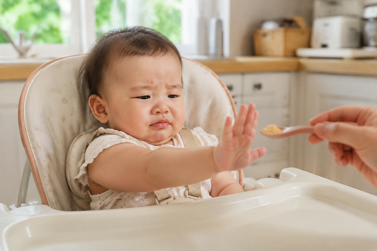 A cute 8-month-old baby sitting in a baby high chair, gently pushing away a silicone spoon with baby food, slightly sweaty forehead indicating hot early summer weather, bright natural kitchen lighting, soft pastel colors, highly detailed, realistic photography, 8k resolution --ar 3:4