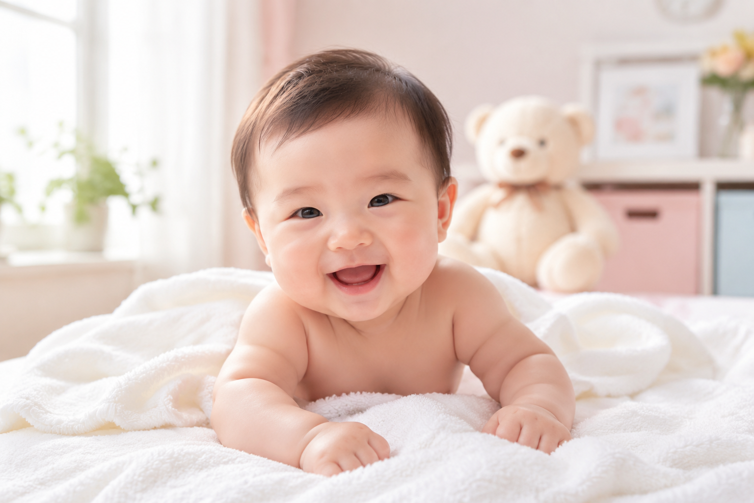 A joyful, smiling Chinese baby lying comfortably on their tummy on a soft, fluffy white towel. The baby looks fresh, clean, and dry. Bright, sunny, well-lit nursery room. Soft pastel colors, heartwarming mood, professional baby photography, high resolution, soft focus background.