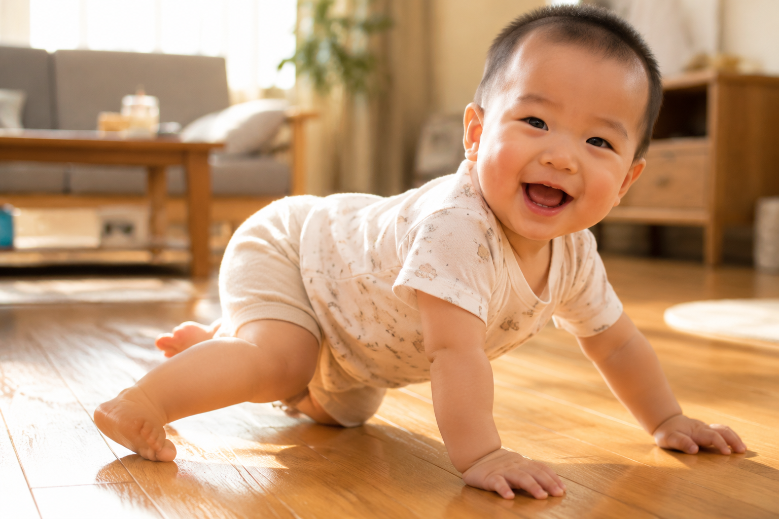 A cute 8-month-old Chinese baby crawling barefoot on a warm wooden floor in a sunlit cozy living room. The baby is smiling happily, wearing light summer cotton clothes. Focus on the baby's bare feet gripping the floor. Soft natural daylight, highly detailed, photorealistic, 8k resolution, cinematic lighting, warm tones. --ar 3:4