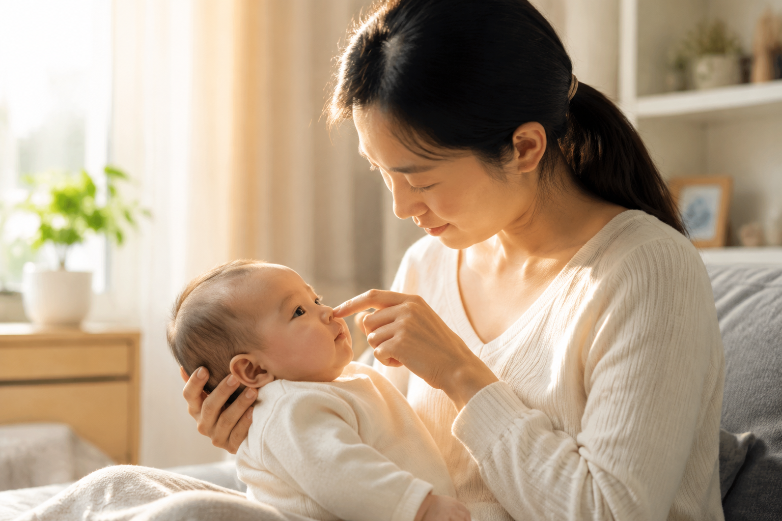 A gentle Chinese young mother holding her 6-month-old baby, carefully and tenderly observing the baby's face and nose in a clean, modern home environment. Soft warm sunlight coming through the window, warm and loving maternal atmosphere, realistic skin texture, cinematic lighting, ultra-clear photography. --ar 3:4