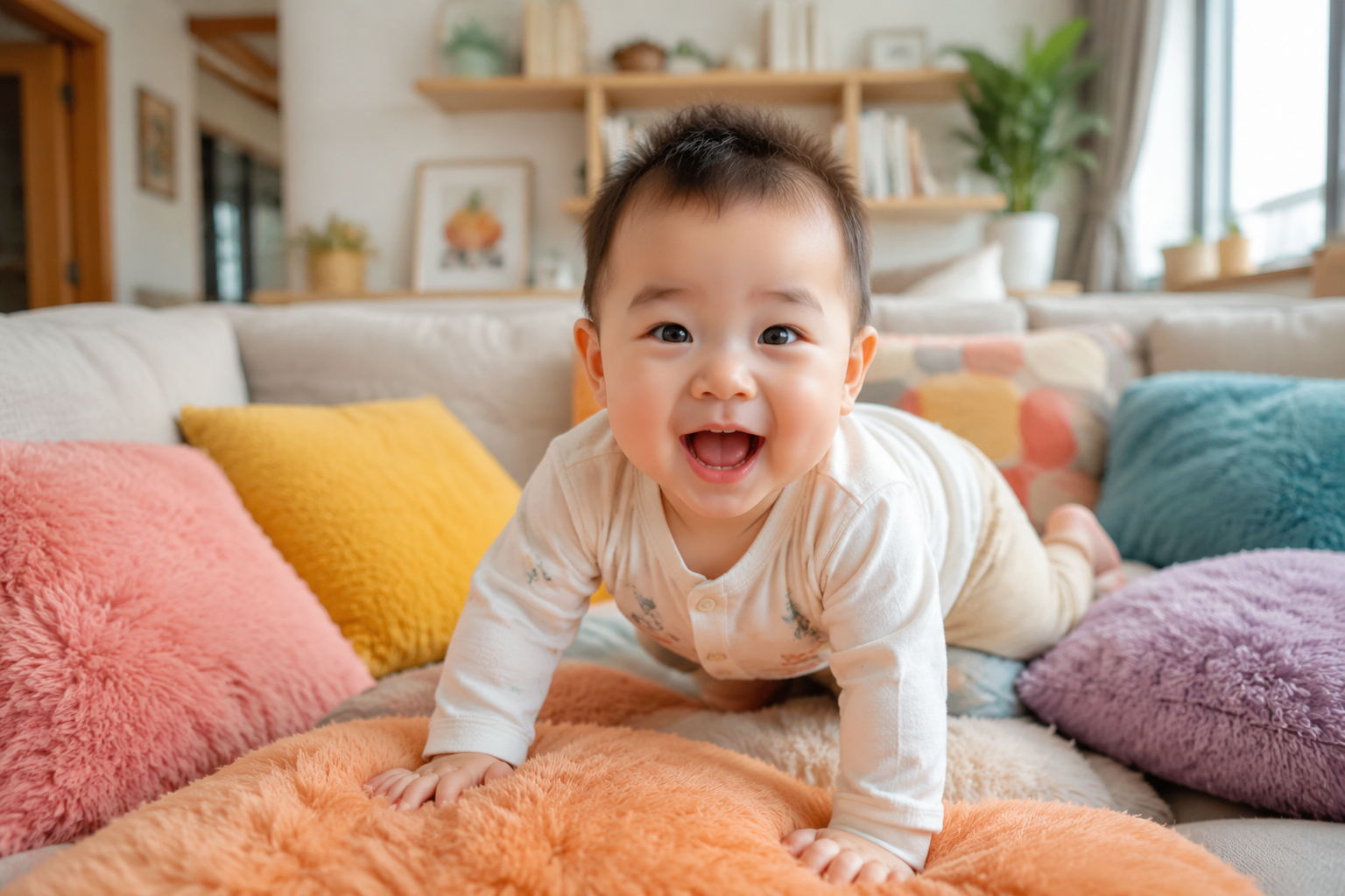 A cute 8-month-old Chinese baby crawling happily over colorful fluffy sofa cushions in a bright, modern cozy living room. Big adorable eyes, laughing, wearing comfortable cotton baby clothes, soft natural lighting from the window, highly detailed, photorealistic, 8k, Midjourney v6, --ar 3:4