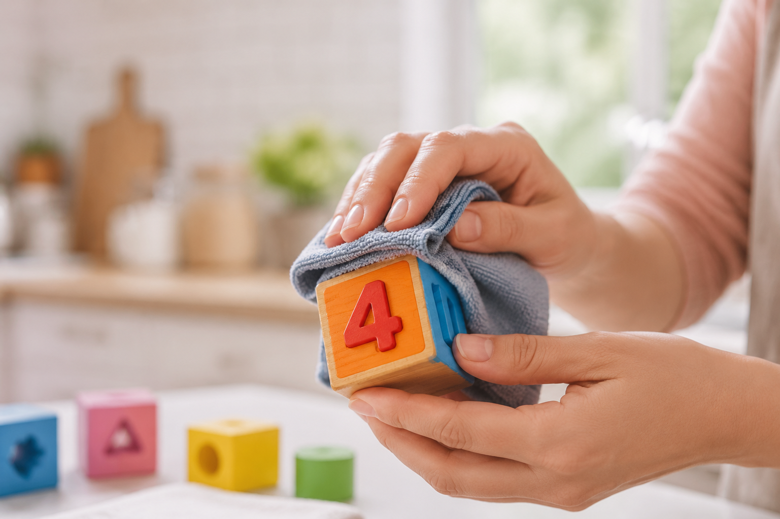 A pair of young Chinese mother's hands carefully wiping a colorful wooden baby block toy with a slightly damp microfiber cloth. Bright modern kitchen background, clean and hygienic atmosphere, soft lighting, shallow depth of field, macro photography, highly detailed, 4k.