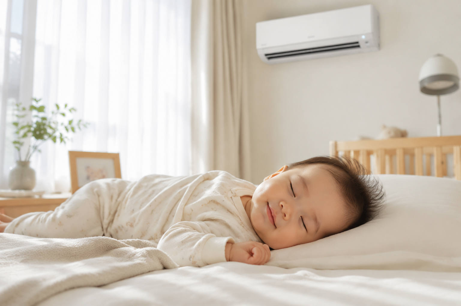 A cute 6-month-old Chinese baby sleeping peacefully in a comfortable, bright modern nursery room, soft warm sunlight filtering through sheer curtains. The baby is wearing light, breathable cotton pajamas, smiling gently in sleep. An air conditioner is visible high up on the wall in the background. High quality, soft lighting, photorealistic, Midjourney style, 8k resolution --ar 3:4