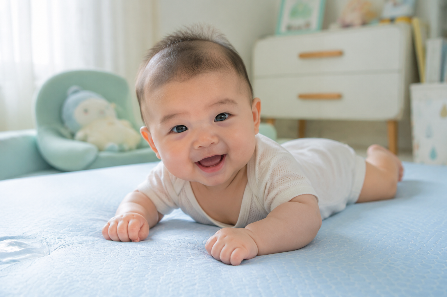 A cute 3-month-old Chinese baby doing tummy time on a light blue cooling mat, indoor baby room, soft natural sunlight, baby is smiling and lifting head, wearing a thin white summer onesie, refreshing bright color grading with light blue and mint green tones, highly detailed, photorealistic, 8k resolution --ar 3:4