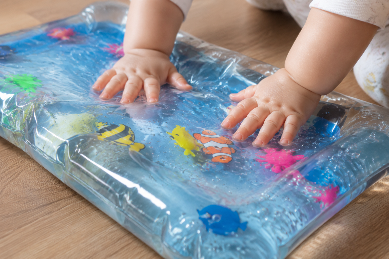 Close up shot, a ** transparent sensory water bag filled with clear water and colorful plastic toy fish placed on a wooden floor, a cute Chinese baby's tiny hands reaching out to touch and press the water bag, soft indoor lighting, refreshing summer vibe with subtle blue reflections, high details, macro photography, 4k --ar 16:9