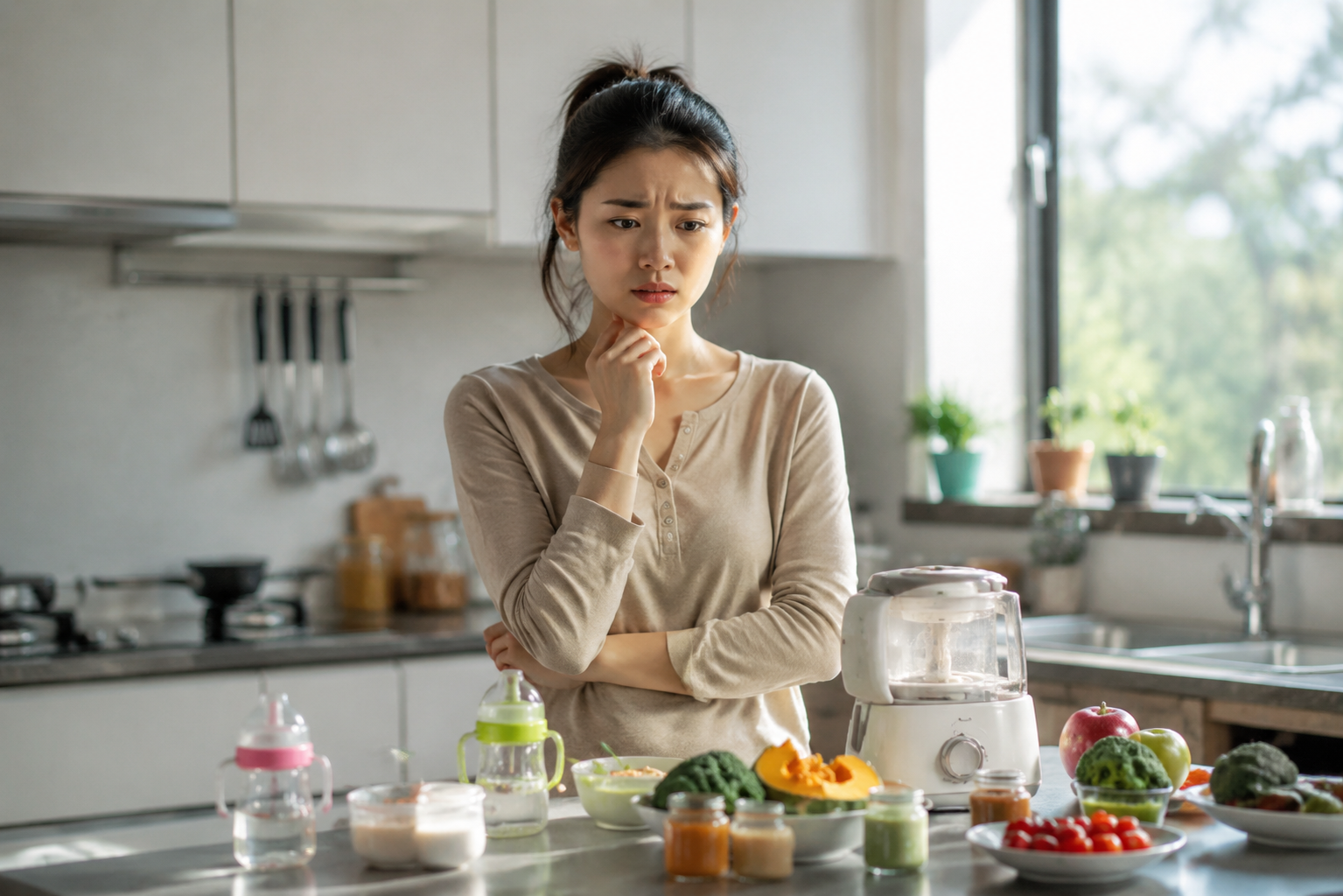 A highly detailed, realistic photo of a young Chinese mother standing in a modern, bright kitchen, looking worried and anxious. On the counter in front of her are various baby food ingredients and baby utensils. Soft natural light coming from the window, cinematic lighting, 8k resolution, photorealistic, shot with an 85mm lens.