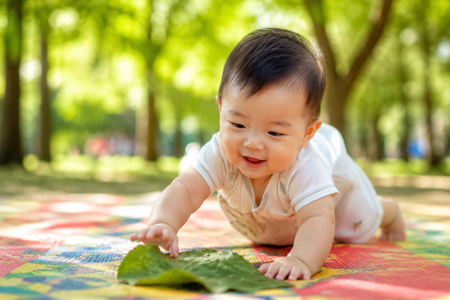 A cheerful 10-month-old Asian baby crawling on a brightly colored picnic mat in a sunlit, green park. The baby is reaching out with tiny hands to grab a large, textured green fallen leaf. Soft natural sunlight filtering through trees, beautiful bokeh background, highly detailed, photorealistic, magazine cover style, 8k. --ar 3:4